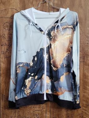 Abstract Marble Print Zip-Up Hoodie Jacket - Light Blue & Gold